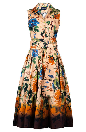Abelia Dress Shirt Collar Sleeveless Midi Length Cotton Stretch (Oriental Flower Ombre)