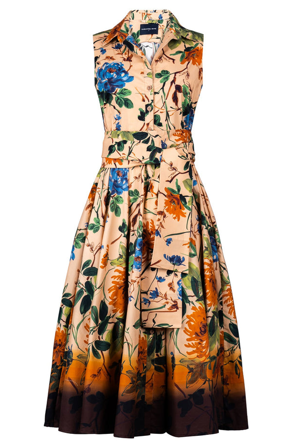 Abelia Dress Shirt Collar Sleeveless Midi Length Cotton Stretch (Oriental Flower Ombre)