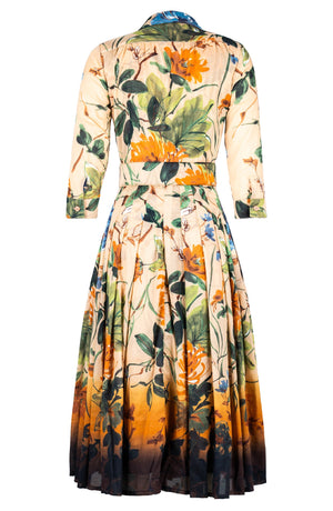 Audrey Dress #4 Shirt Collar 3/4 Sleeve Midi Length Cotton Musola (Oriental Flower Ombre)