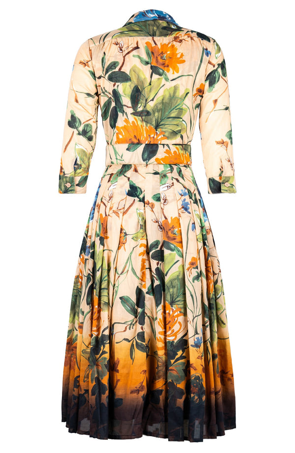 Audrey Dress #4 Shirt Collar 3/4 Sleeve Midi Length Cotton Musola (Oriental Flower Ombre)