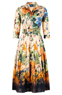Audrey Dress #4 Shirt Collar 3/4 Sleeve Midi Length Cotton Musola (Oriental Flower Ombre)