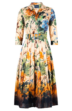 Audrey Dress #4 Shirt Collar 3/4 Sleeve Midi Length Cotton Musola (Oriental Flower Ombre)