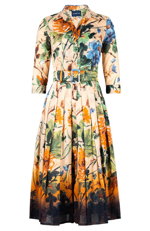 Audrey Dress #4 Shirt Collar 3/4 Sleeve Midi Length Cotton Musola (Oriental Flower Ombre)