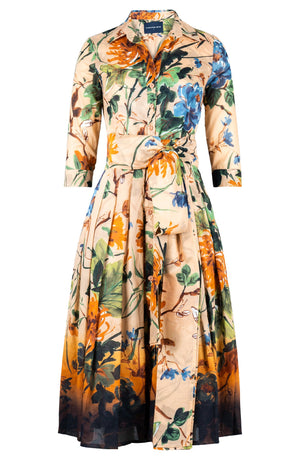 Audrey Dress #4 Shirt Collar 3/4 Sleeve Midi Length Cotton Musola (Oriental Flower Ombre)