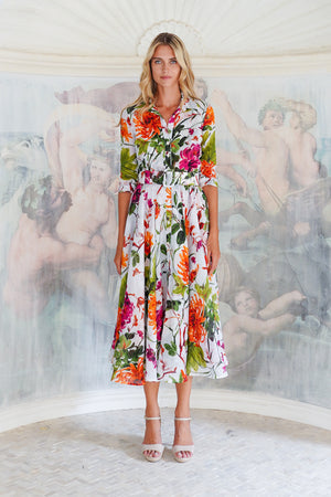 Aster Dress Shirt Collar 3/4 Sleeve Midi Plus Length Cotton Musola (Oriental Flower Ombre)