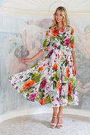 Aster Dress Shirt Collar 3/4 Sleeve Midi Plus Length Cotton Musola (Oriental Flower Ombre)