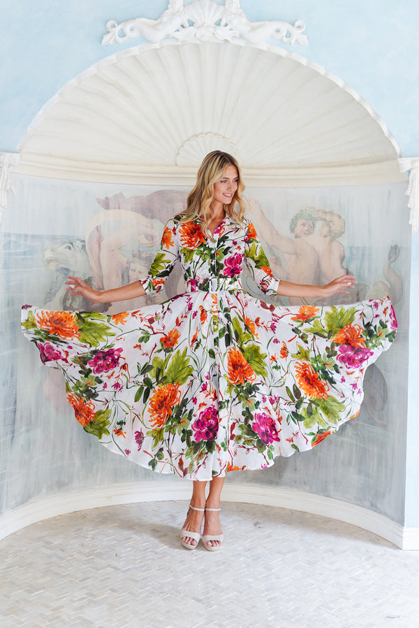 Aster Dress Shirt Collar 3/4 Sleeve Midi Plus Length Cotton Musola (Oriental Flower Ombre)