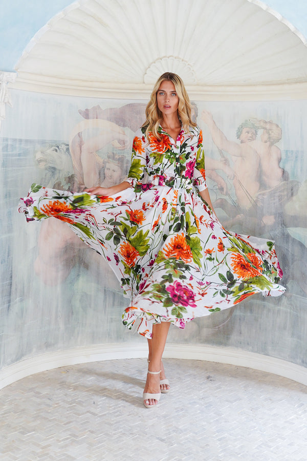 Aster Dress Shirt Collar 3/4 Sleeve Midi Plus Length Cotton Musola (Oriental Flower Ombre)