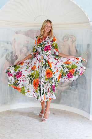 Aster Dress Shirt Collar 3/4 Sleeve Midi Plus Length Cotton Musola (Oriental Flower Ombre)