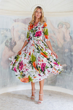 Aster Dress Shirt Collar 3/4 Sleeve Midi Plus Length Cotton Musola (Oriental Flower Ombre)