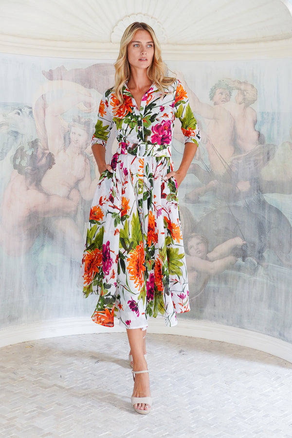 Aster Dress Shirt Collar 3/4 Sleeve Midi Plus Length Cotton Musola (Oriental Flower Ombre)