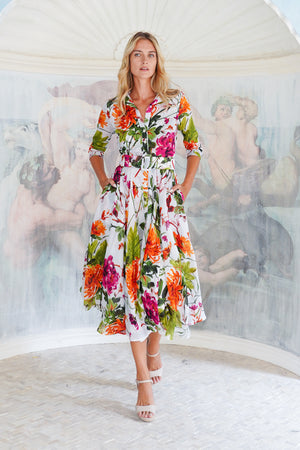 Aster Dress Shirt Collar 3/4 Sleeve Midi Plus Length Cotton Musola (Oriental Flower Ombre)