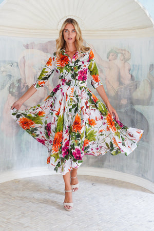 Aster Dress Shirt Collar 3/4 Sleeve Midi Plus Length Cotton Musola (Oriental Flower Ombre)