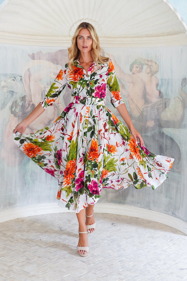 Aster Dress Shirt Collar 3/4 Sleeve Midi Plus Length Cotton Musola (Oriental Flower Ombre)
