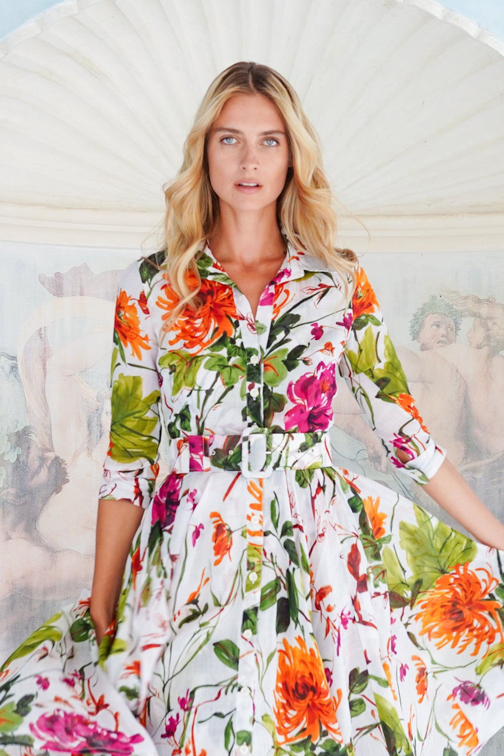 Aster Dress Shirt Collar 3/4 Sleeve Midi Plus Length Cotton Musola (Oriental Flower Ombre)