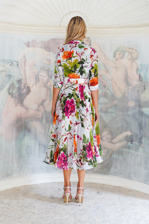 Aster Dress Shirt Collar 3/4 Sleeve Midi Plus Length Cotton Musola (Oriental Flower Ombre)