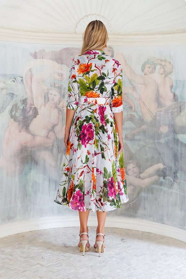 Aster Dress Shirt Collar 3/4 Sleeve Midi Plus Length Cotton Musola (Oriental Flower Ombre)