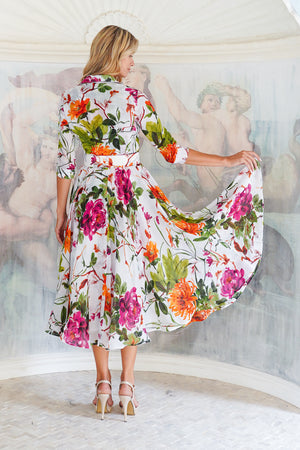 Aster Dress Shirt Collar 3/4 Sleeve Midi Plus Length Cotton Musola (Oriental Flower Ombre)