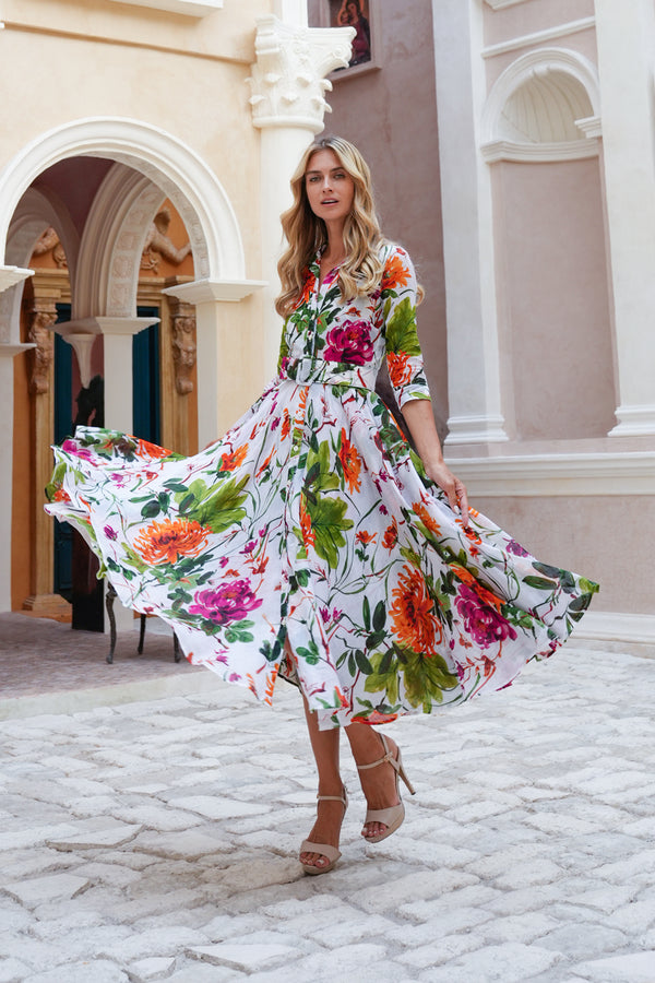 Aster Dress Shirt Collar 3/4 Sleeve Midi Plus Length Cotton Musola (Oriental Flower Ombre)