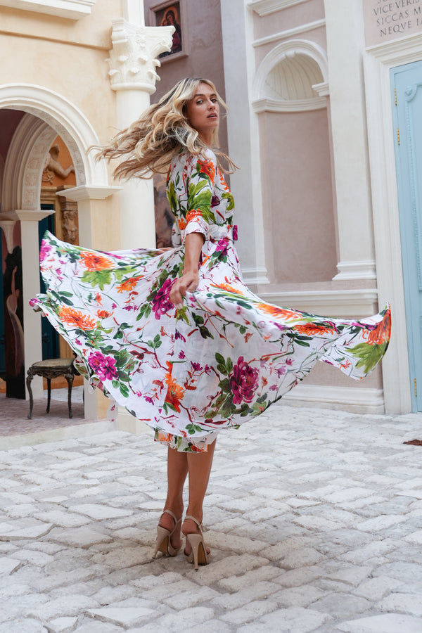 Aster Dress Shirt Collar 3/4 Sleeve Midi Plus Length Cotton Musola (Oriental Flower Ombre)