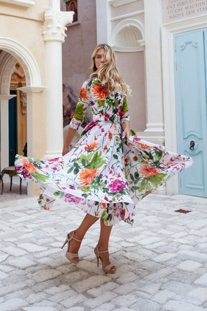 Aster Dress Shirt Collar 3/4 Sleeve Midi Plus Length Cotton Musola (Oriental Flower Ombre)