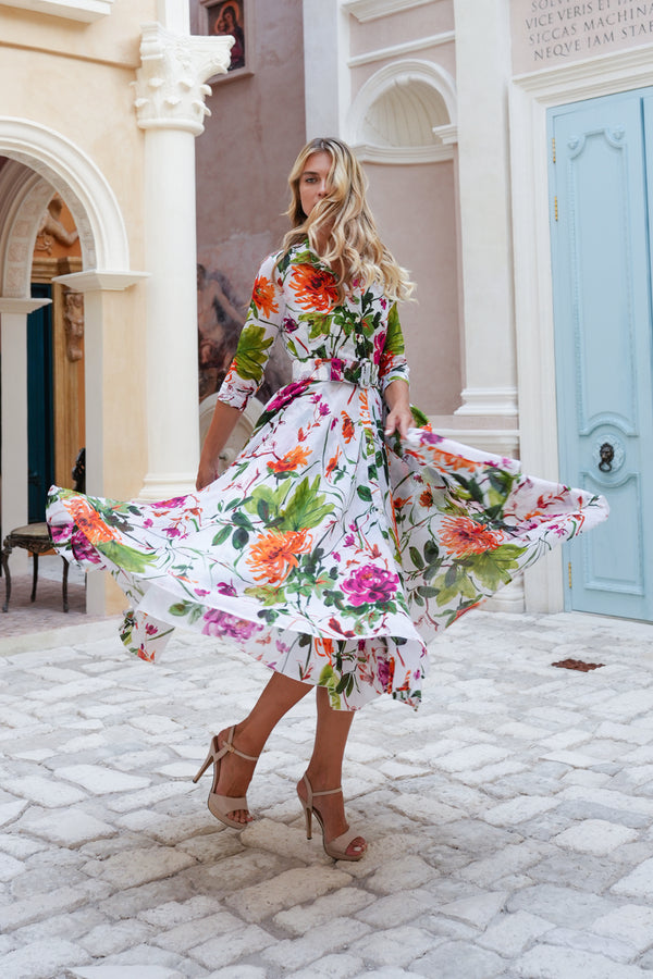 Aster Dress Shirt Collar 3/4 Sleeve Midi Plus Length Cotton Musola (Oriental Flower Ombre)