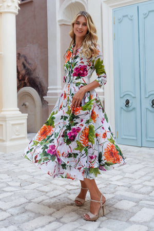 Aster Dress Shirt Collar 3/4 Sleeve Midi Plus Length Cotton Musola (Oriental Flower Ombre)