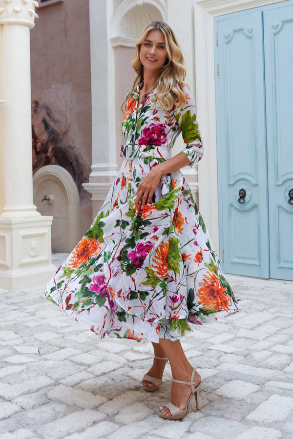 Aster Dress Shirt Collar 3/4 Sleeve Midi Plus Length Cotton Musola (Oriental Flower Ombre)