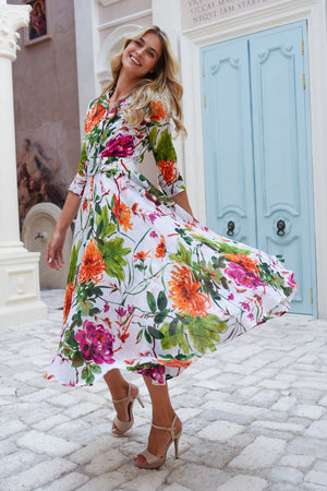 Aster Dress Shirt Collar 3/4 Sleeve Midi Plus Length Cotton Musola (Oriental Flower Ombre)