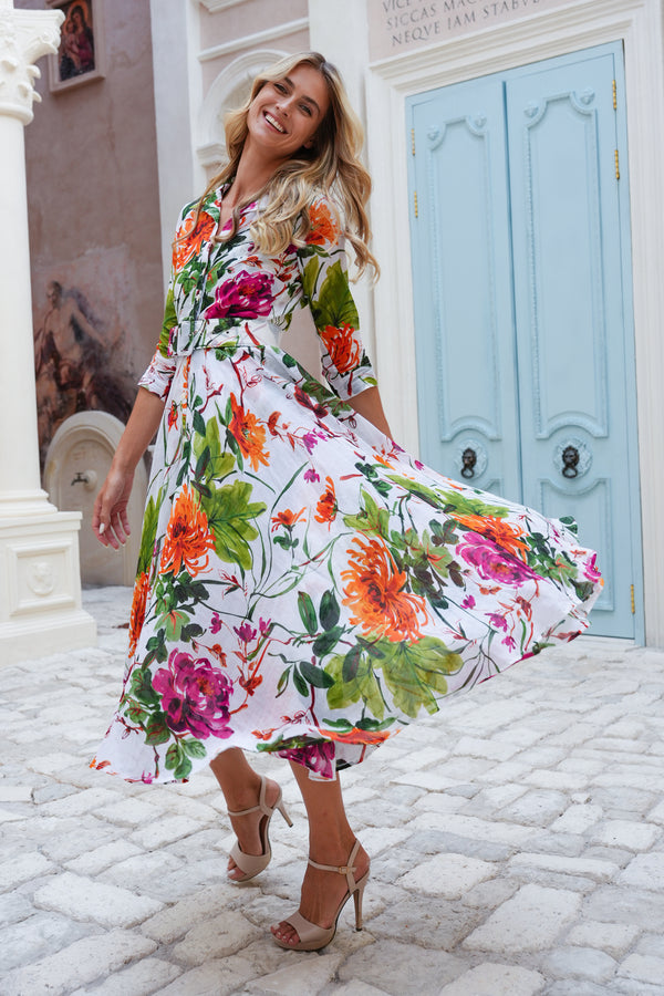 Aster Dress Shirt Collar 3/4 Sleeve Midi Plus Length Cotton Musola (Oriental Flower Ombre)