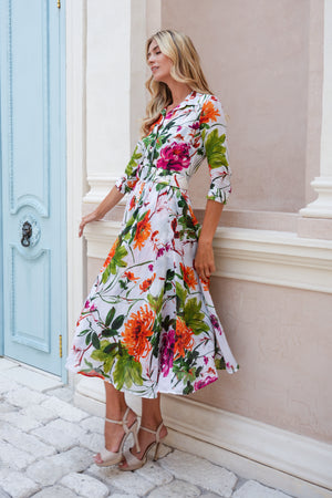 Aster Dress Shirt Collar 3/4 Sleeve Midi Plus Length Cotton Musola (Oriental Flower Ombre)