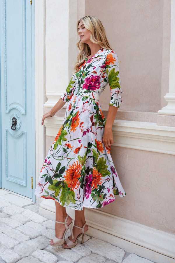 Aster Dress Shirt Collar 3/4 Sleeve Midi Plus Length Cotton Musola (Oriental Flower Ombre)