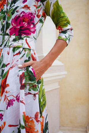 Aster Dress Shirt Collar 3/4 Sleeve Midi Plus Length Cotton Musola (Oriental Flower Ombre)