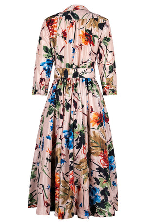Terry Dress Shirt Collar 3/4 Sleeve Midi Length Poliamide Taffta (Oriental Flower Ombre)