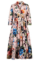 Terry Dress Shirt Collar 3/4 Sleeve Midi Length Poliamide Taffta (Oriental Flower Ombre)