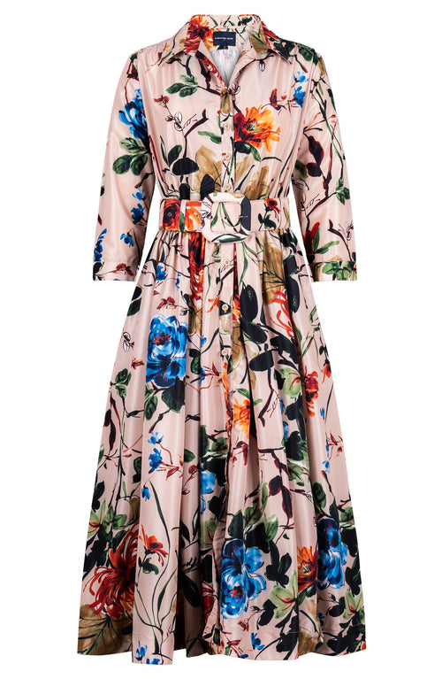 Terry Dress Shirt Collar 3/4 Sleeve Midi Length Poliamide Taffta (Oriental Flower Ombre)