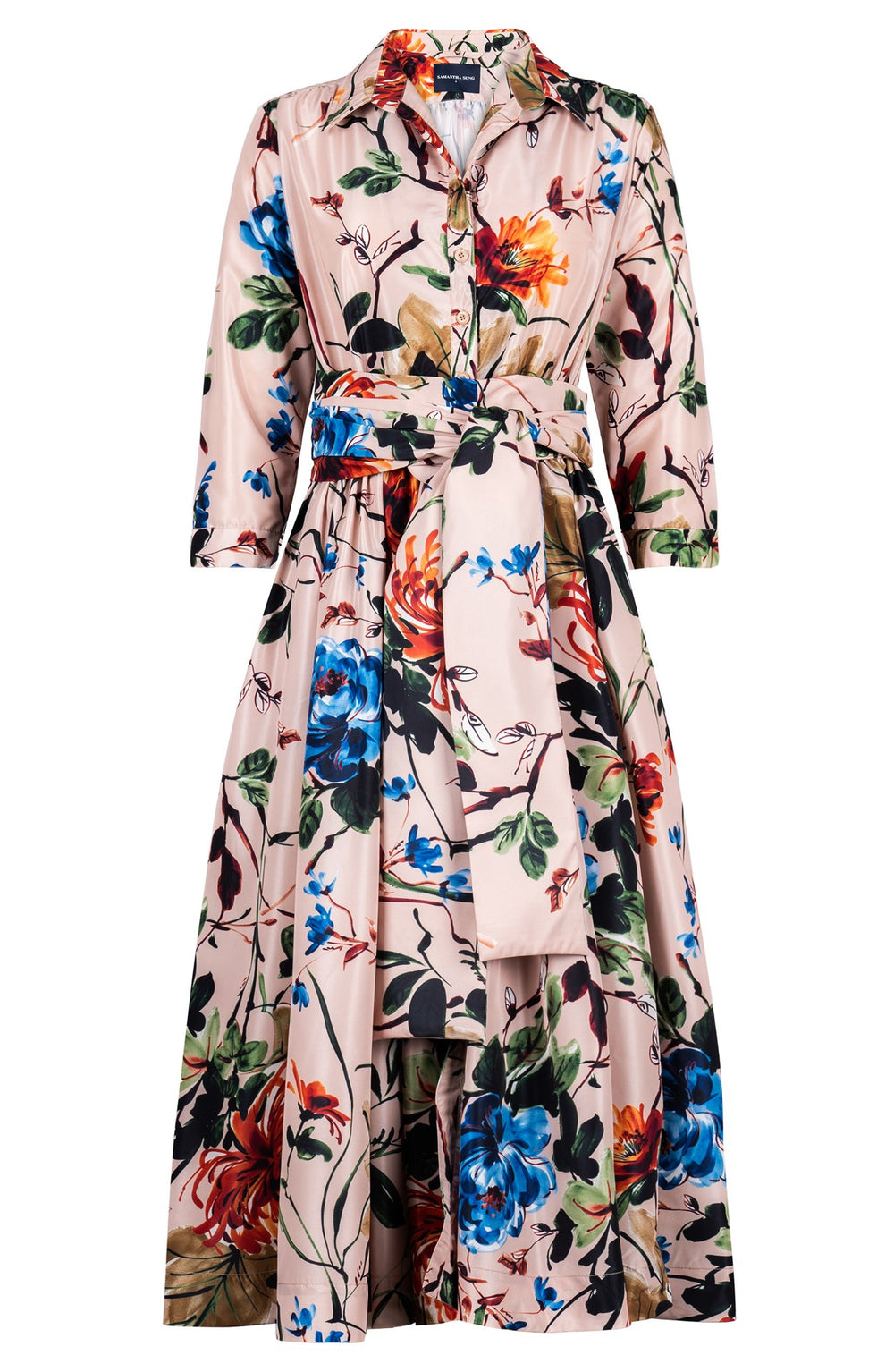 Terry Dress Shirt Collar 3/4 Sleeve Midi Length Poliamide Taffta (Oriental Flower Ombre)