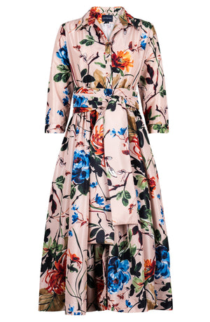 Terry Dress Shirt Collar 3/4 Sleeve Midi Length Poliamide Taffta (Oriental Flower Ombre)