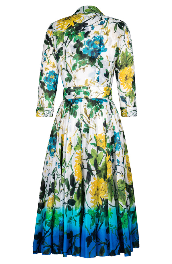 Aster Dress Shirt Collar 3/4 Sleeve Midi Length Cotton Musola (Oriental Flower)