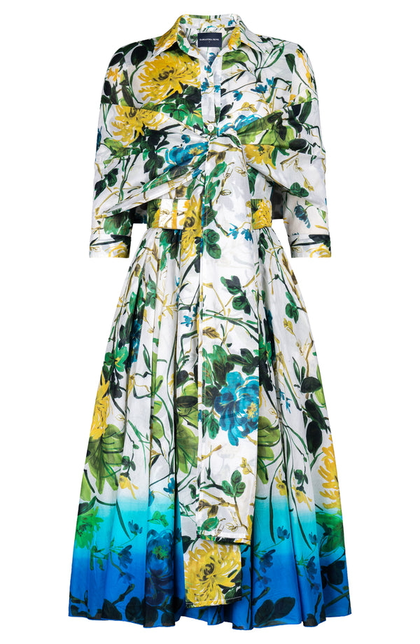 Aster Dress Shirt Collar 3/4 Sleeve Midi Length Cotton Musola (Oriental Flower)