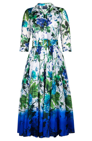 Aster Dress Shirt Collar 3/4 Sleeve Midi Plus Length Cotton Musola (Oriental Flower)