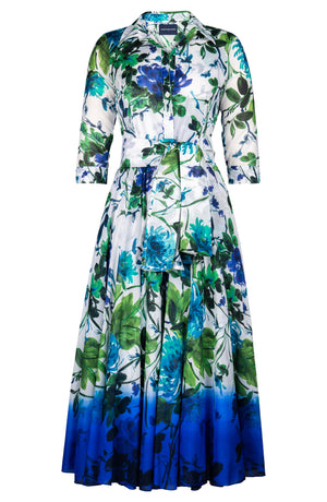 Aster Dress Shirt Collar 3/4 Sleeve Midi Plus Length Cotton Musola (Oriental Flower)