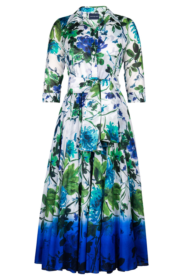 Aster Dress Shirt Collar 3/4 Sleeve Midi Plus Length Cotton Musola (Oriental Flower)