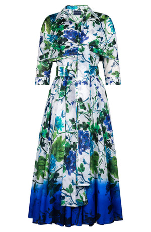 Aster Dress Shirt Collar 3/4 Sleeve Midi Plus Length Cotton Musola (Oriental Flower)