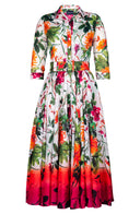 Aster Dress Shirt Collar 3/4 Sleeve Midi Plus Length Cotton Musola (Oriental Flower)