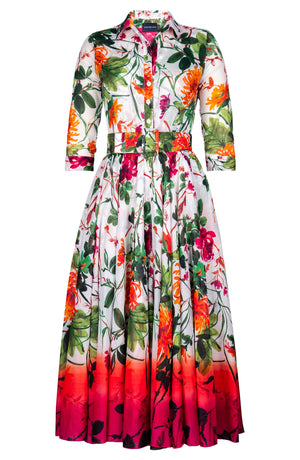 Aster Dress Shirt Collar 3/4 Sleeve Midi Plus Length Cotton Musola (Oriental Flower)