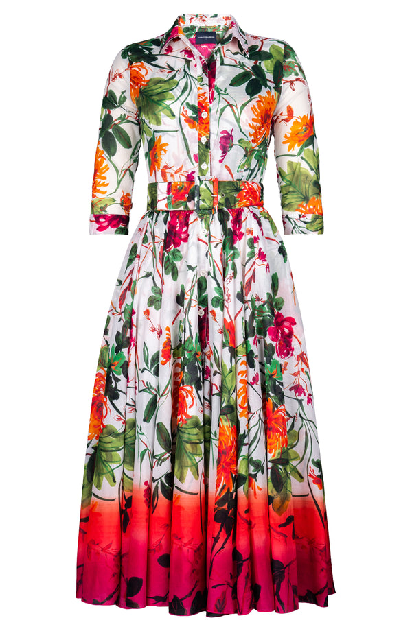 Aster Dress Shirt Collar 3/4 Sleeve Midi Plus Length Cotton Musola (Oriental Flower)