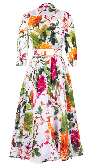 Aster Dress Shirt Collar 3/4 Sleeve Midi Plus Length Cotton Musola (Oriental Flower Ombre)