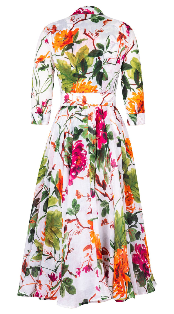 Aster Dress Shirt Collar 3/4 Sleeve Midi Plus Length Cotton Musola (Oriental Flower Ombre)