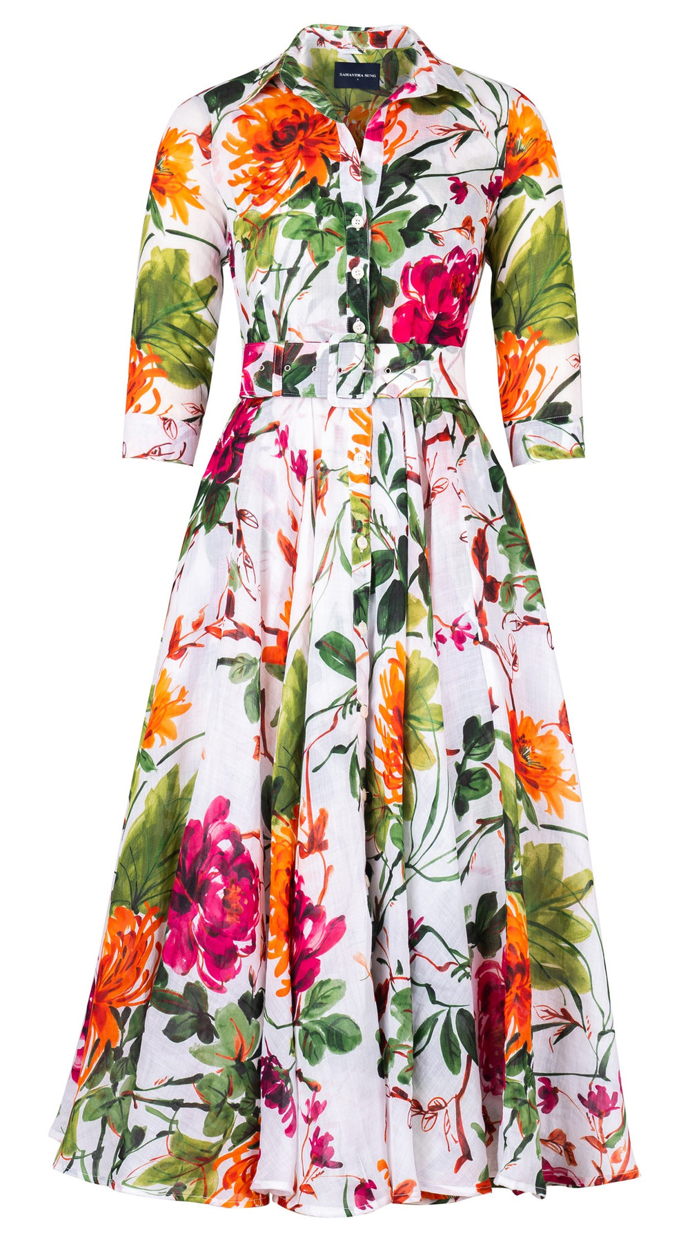 Aster Dress Shirt Collar 3/4 Sleeve Midi Plus Length Cotton Musola (Oriental Flower Ombre)